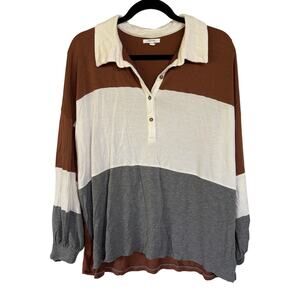 Maurices Striped Henley Sweatshirt Neutral Soft Comfort Brown Top Collared 2X